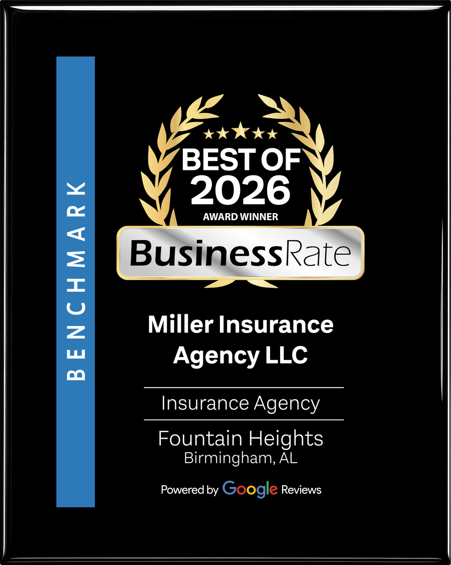 Best of 2026 BusinessRate Award Winner plaque — Miller Insurance Agency LLC, Insurance Agency, Fountain Heights, Birmingham, AL, powered by Google Reviews